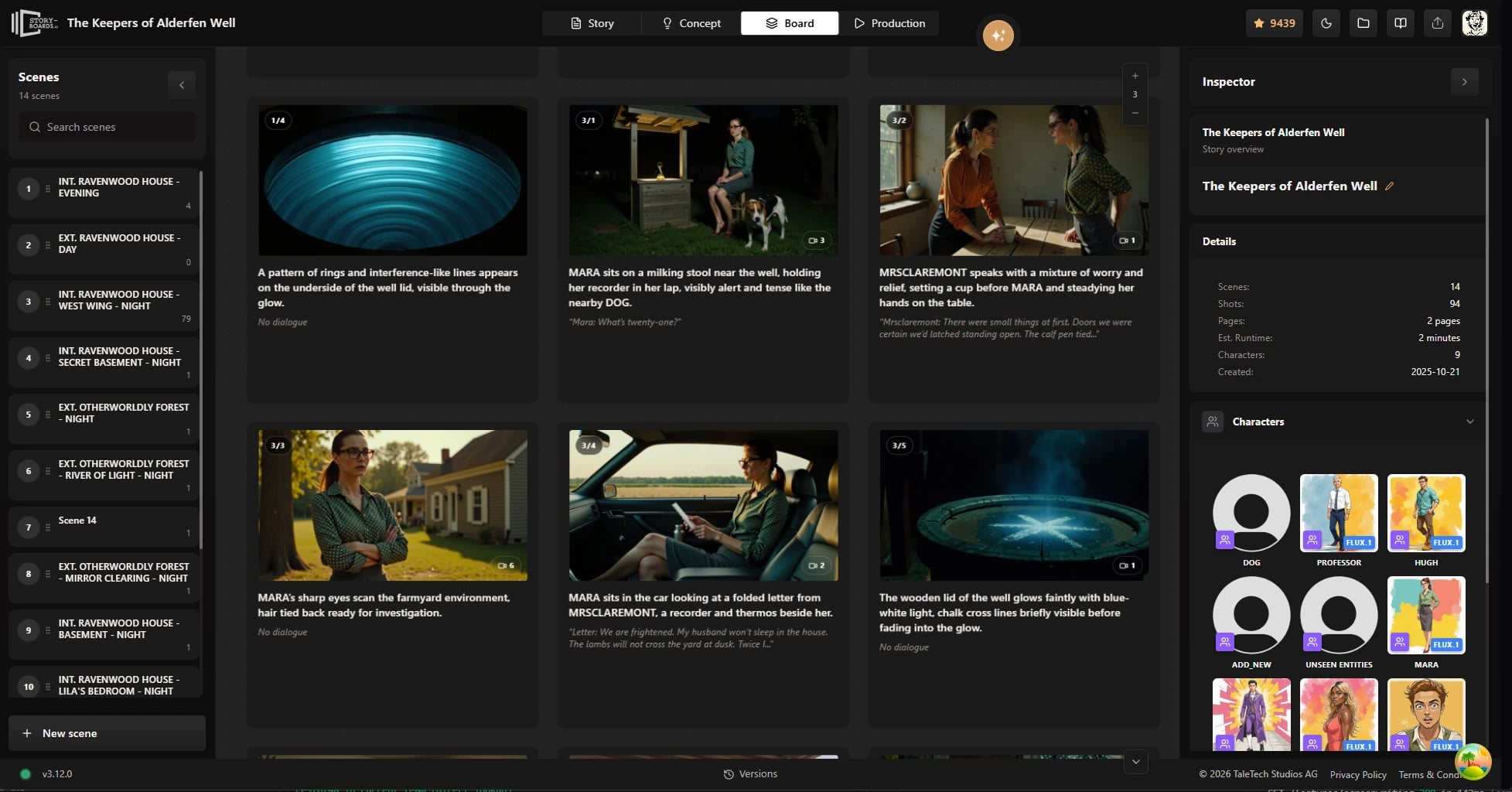 AI storyboarding software showing script-linked shot cards and generated storyboard frames