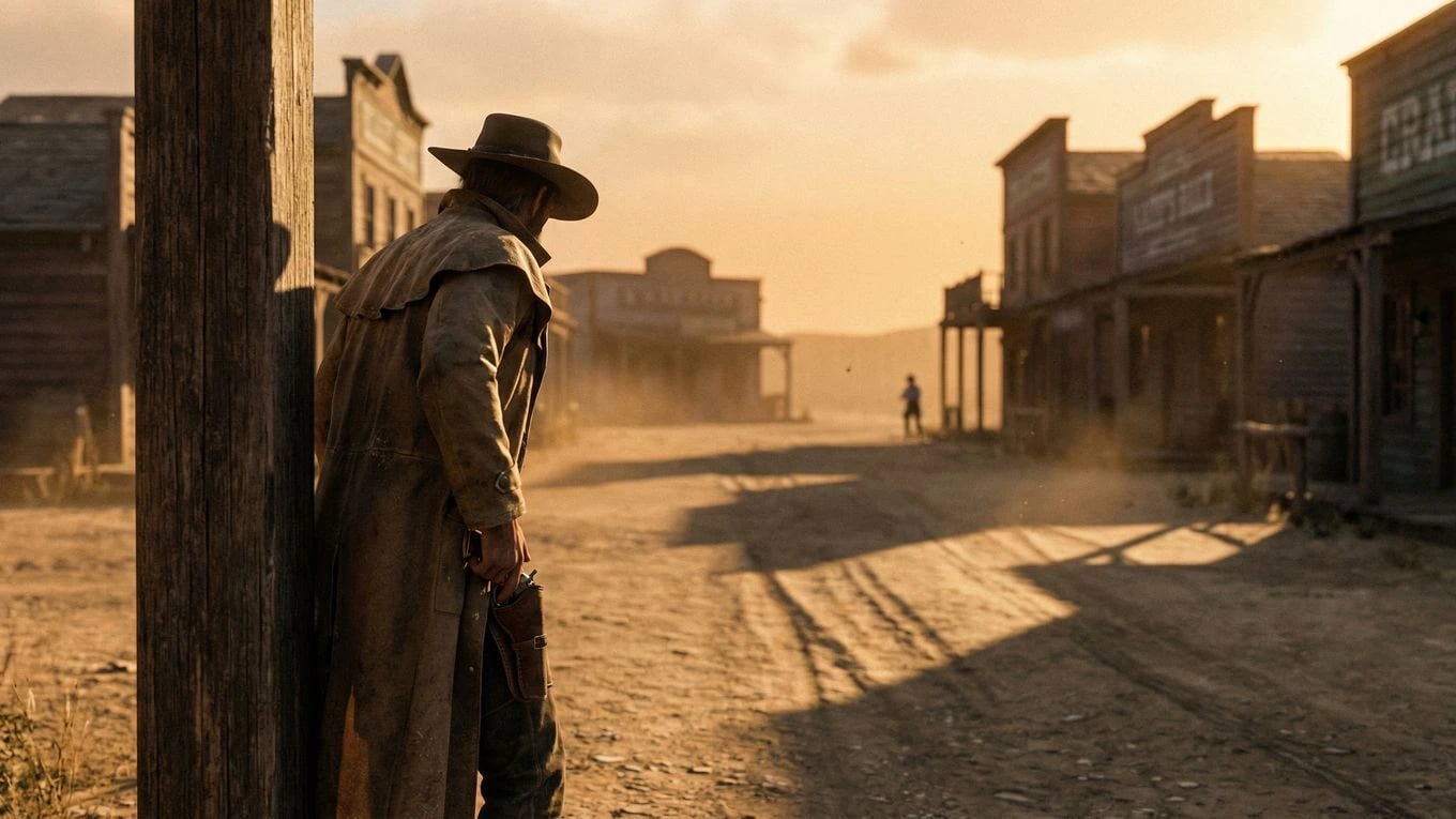 Final cinematic cowboy frame in desert town