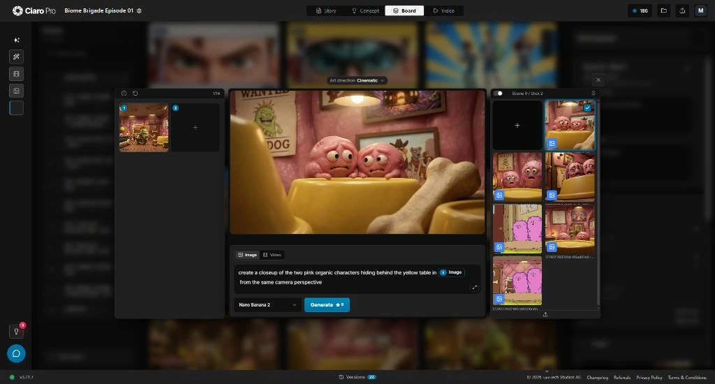 Ciaro Pro animation software workspace for generating and selecting shot imagery