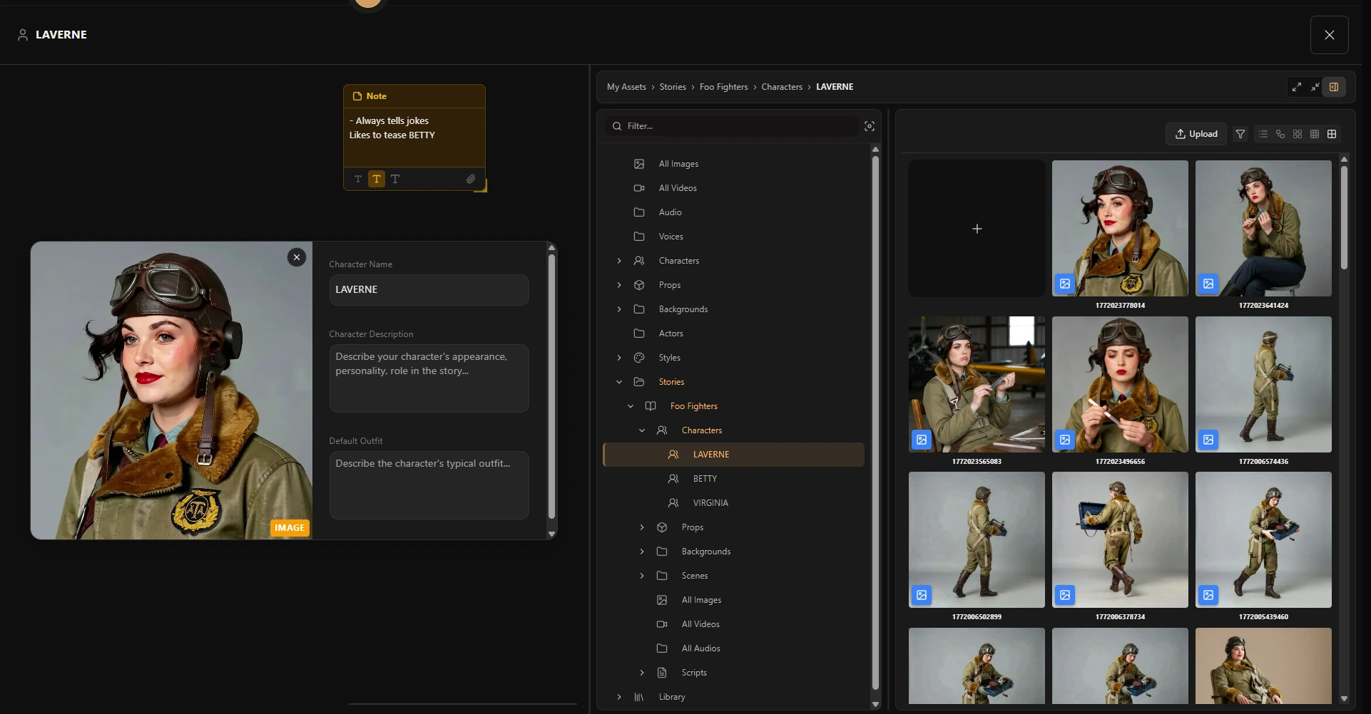 AI character generator interface showing a production cast member with reference views