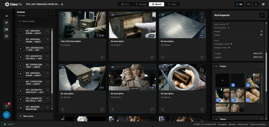 AI storyboard software interface with script scenes, shot cards, storyboard frames, and production notes