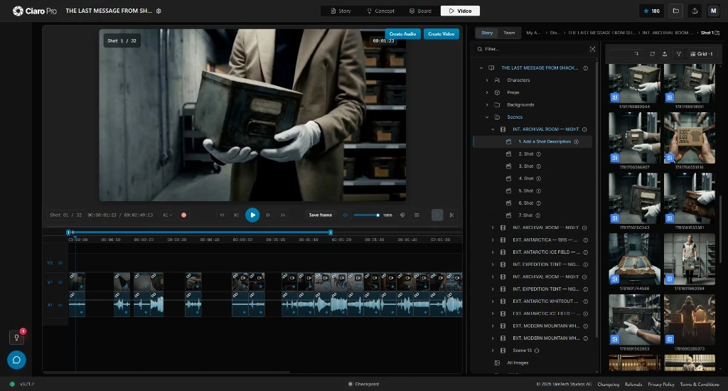 Storyboard to video AI workflow showing script scenes, storyboard frames, generated clips, and timeline assembly